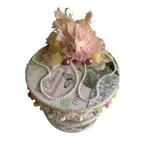 Handcrafted Floral Decorative Storage Box With Pink Feather Bird & Beads